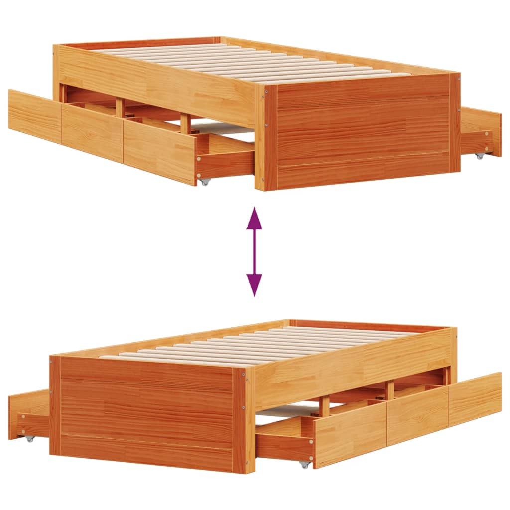 Cadre de lit sans matelas avec tiroirs 90x200cm bois pin massif - XIOS