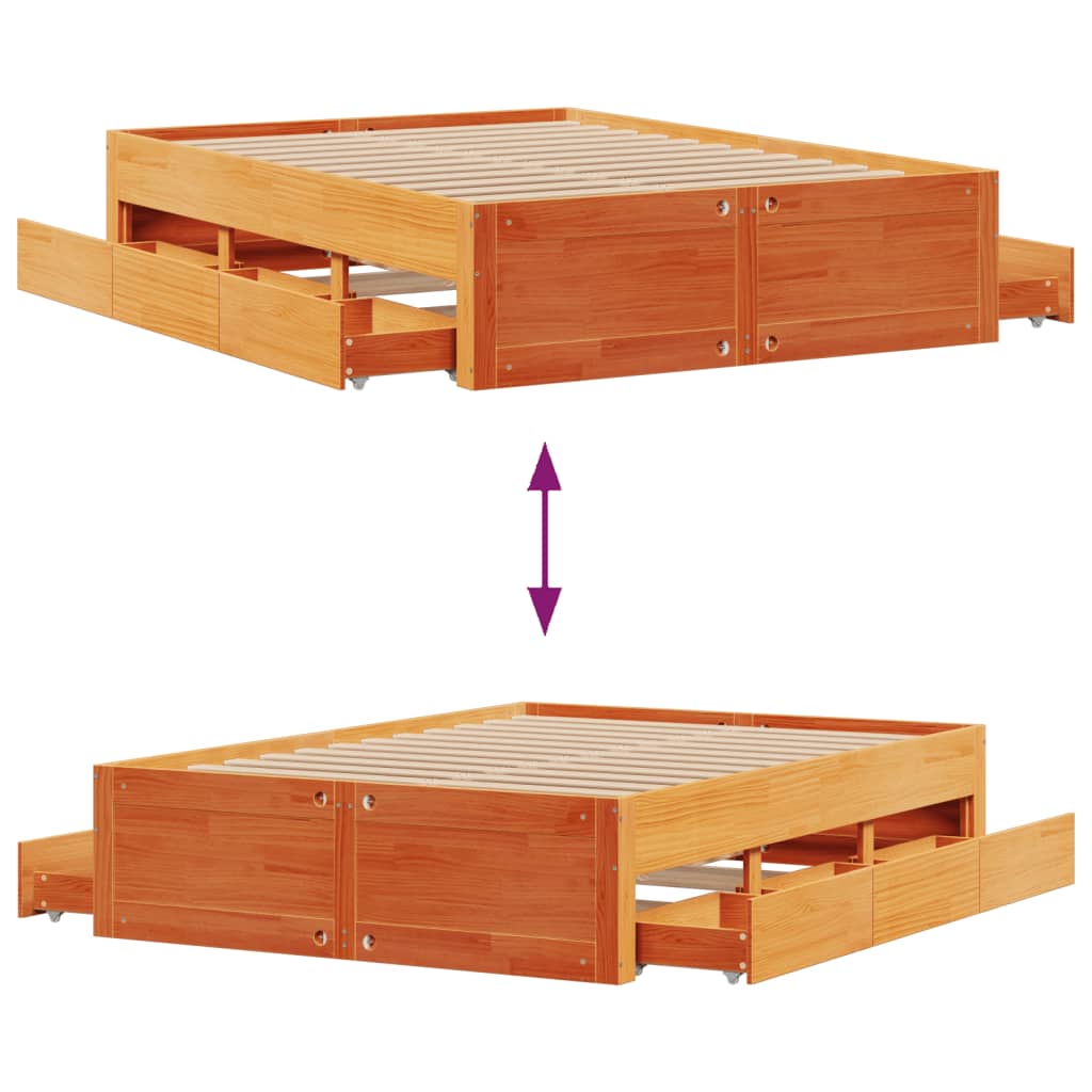 Cadre de lit sans matelas avec tiroirs 140x190 cm bois de pin