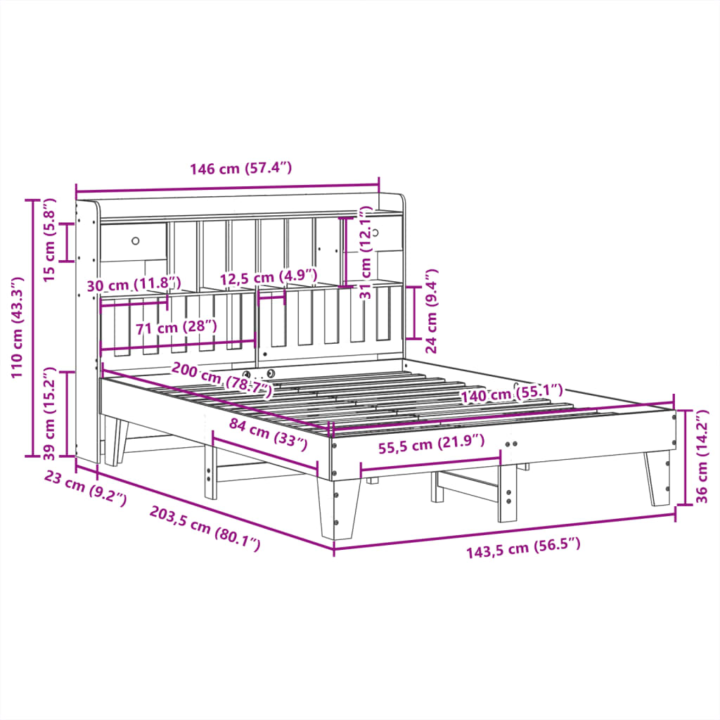 Cadre de lit sans matelas 140x200 cm bois massif de pin - XIOS