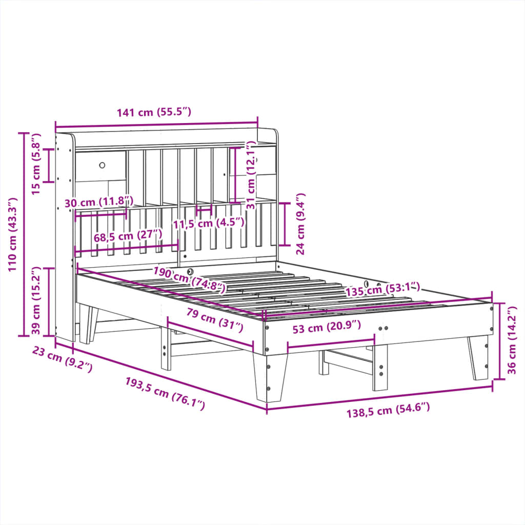 Cadre de lit sans matelas cire marron 135x190cm bois pin massif - XIOS