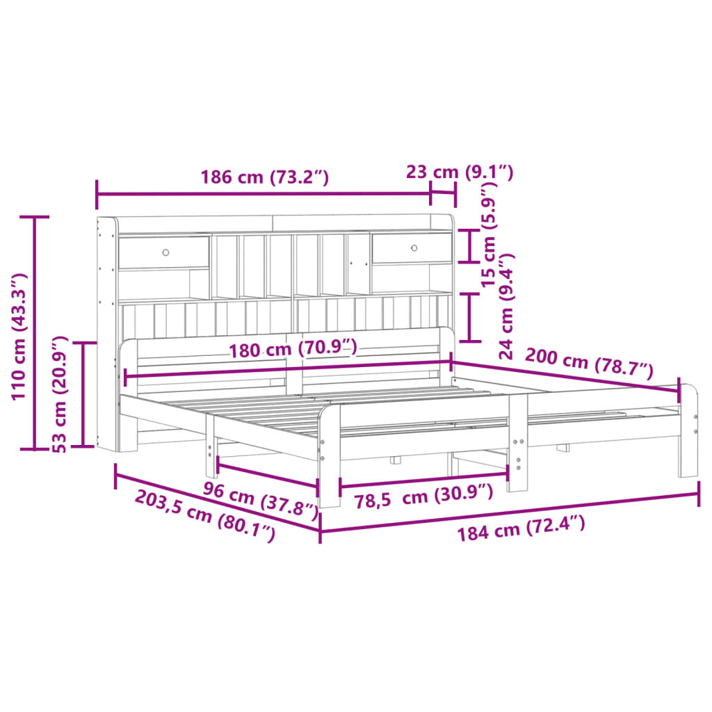 Lit bibliothèque sans matelas blanc 180x200 cm bois pin massif - XIOS