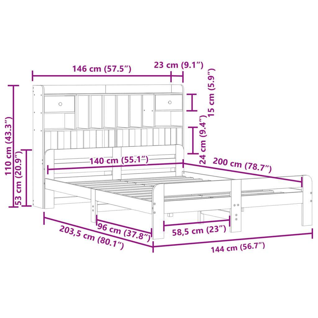 Lit bibliothèque sans matelas blanc 140x200 cm bois pin massif - XIOS