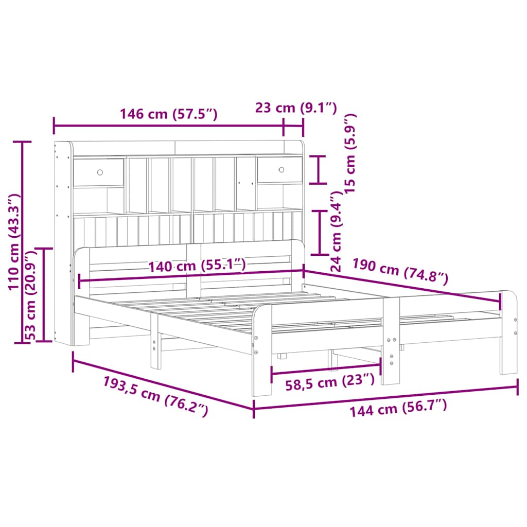 Lit bibliothèque sans matelas blanc 140x190 cm bois pin massif - XIOS