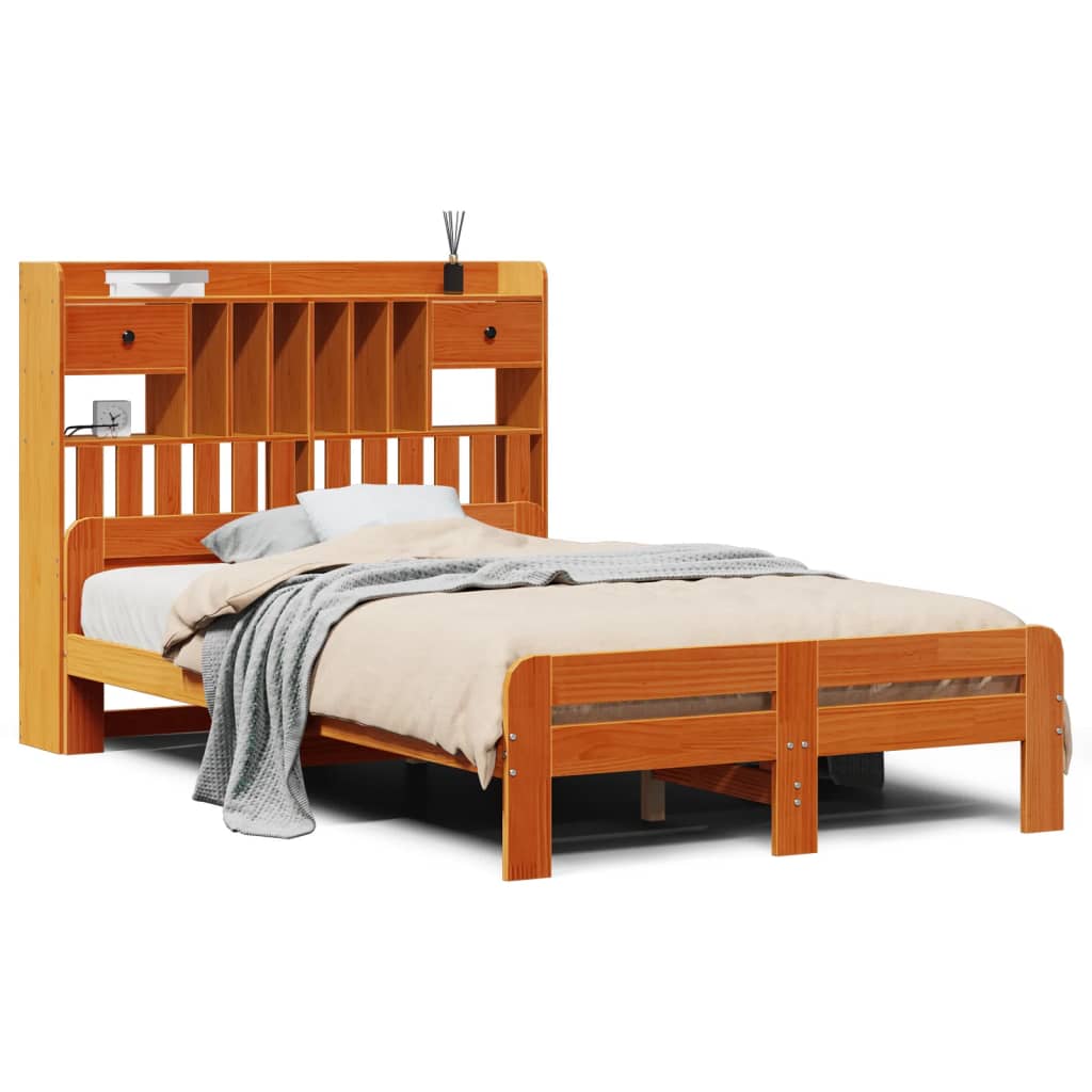 Lit bibliothèque sans matelas cire marron 135x190 cm pin massif - XIOS