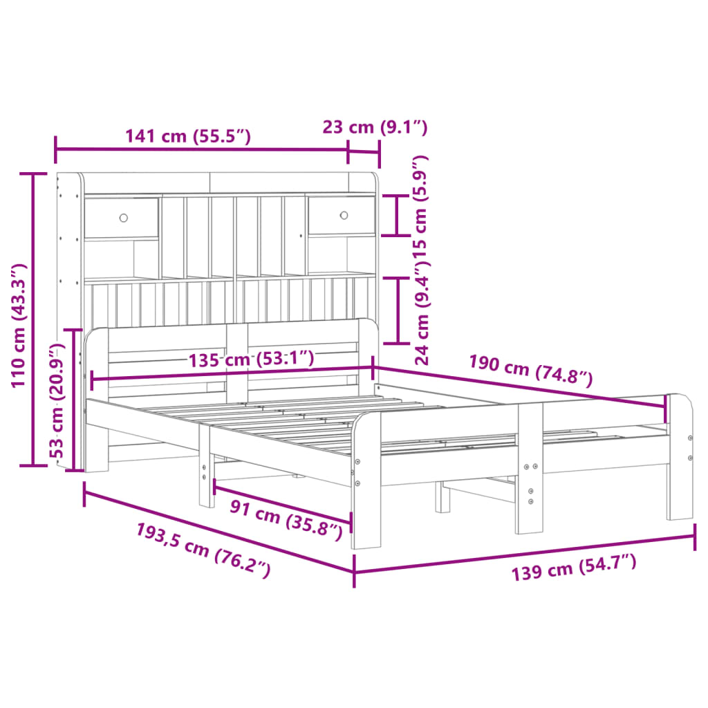 Lit bibliothèque sans matelas cire marron 135x190 cm pin massif - XIOS