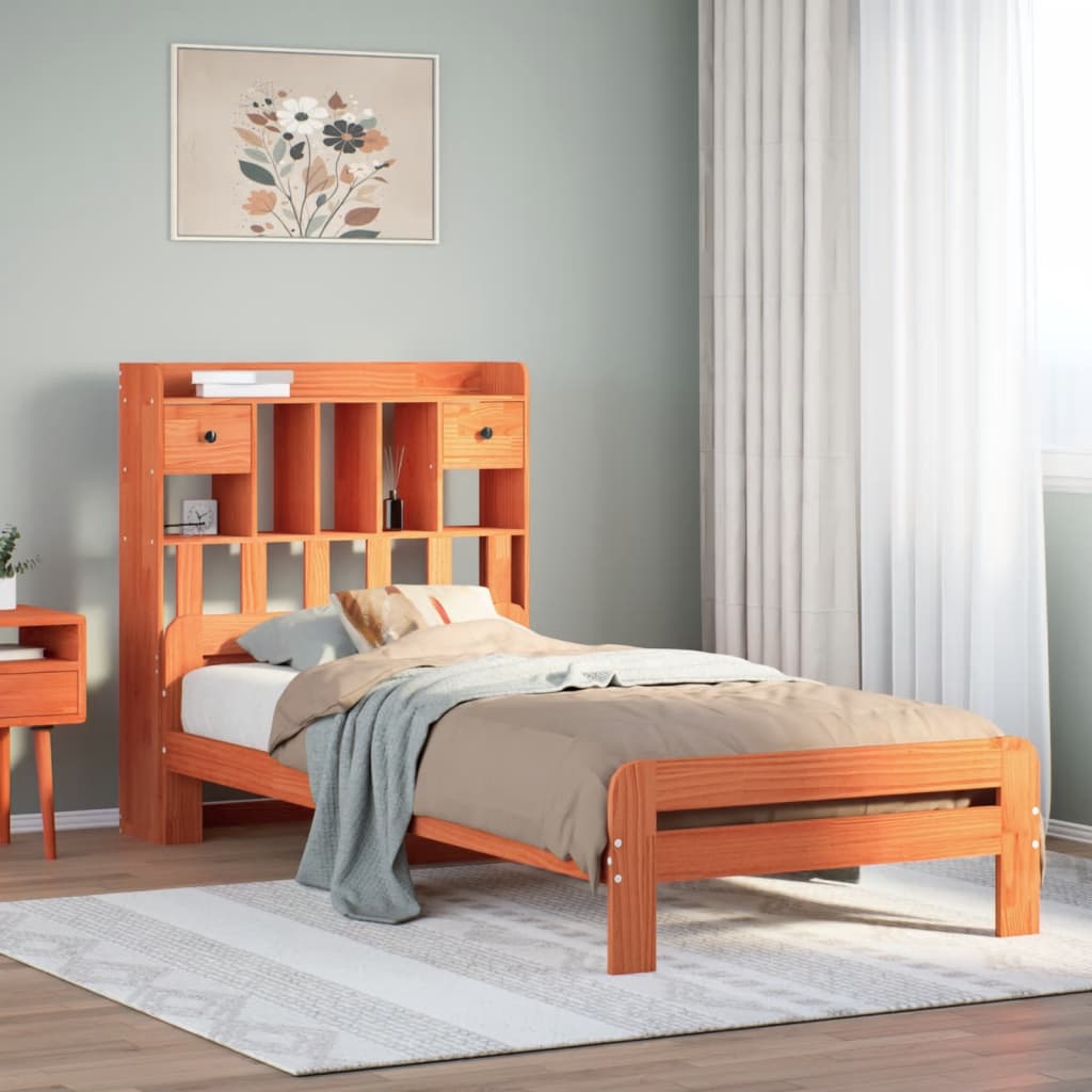 Lit bibliothèque sans matelas cire marron 75x190 cm pin massif - XIOS