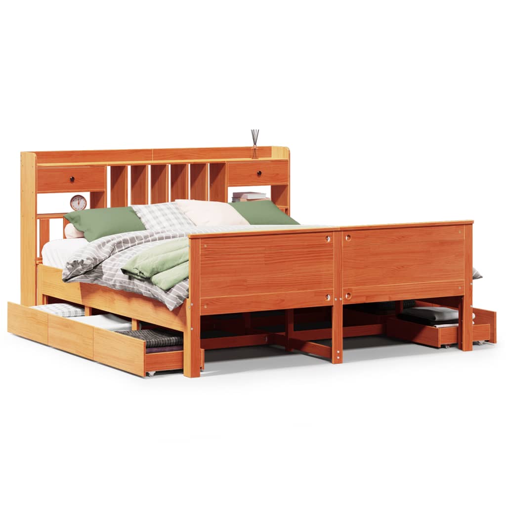 Lit bibliothèque sans matelas cire marron 200x200 cm pin massif - XIOS