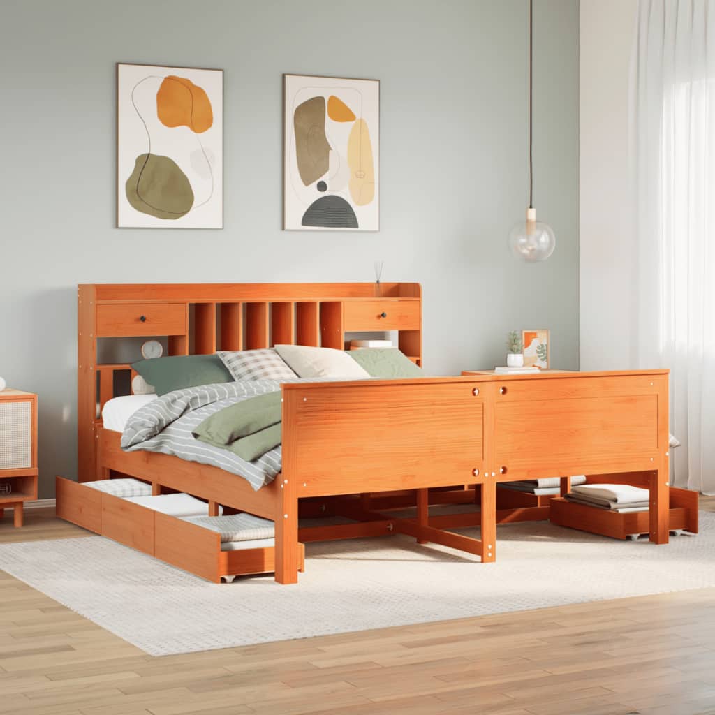 Lit bibliothèque sans matelas cire marron 180x200 cm pin massif - XIOS