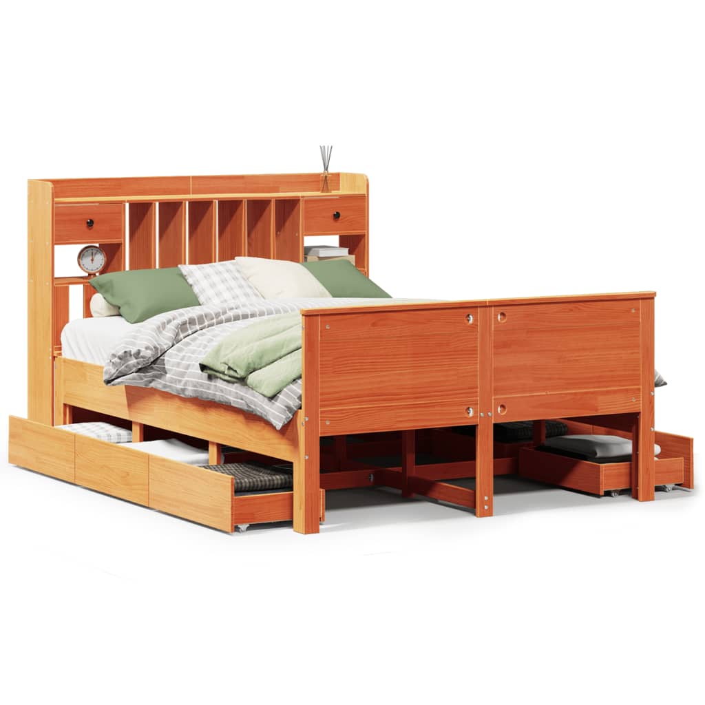 Lit bibliothèque sans matelas cire marron 150x200 cm pin massif - XIOS