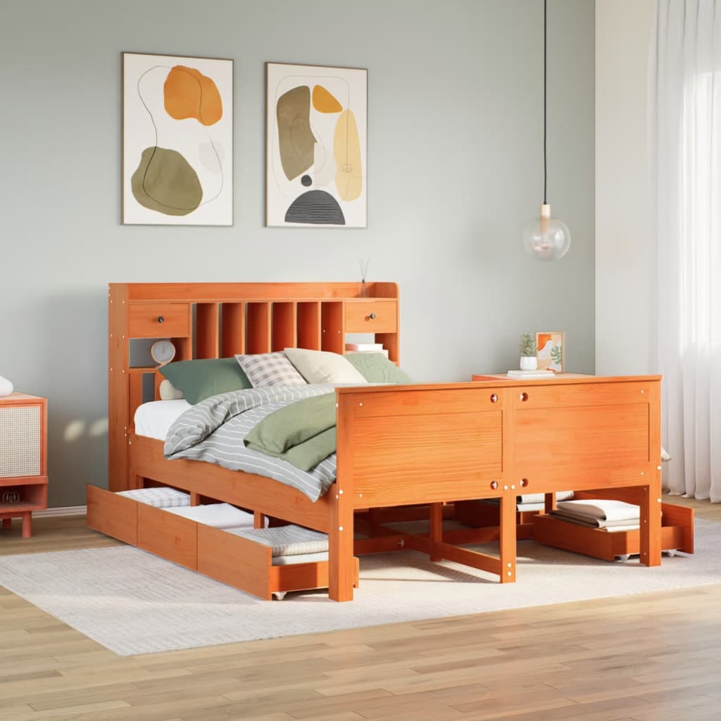 Lit bibliothèque sans matelas cire marron 150x200 cm pin massif - XIOS