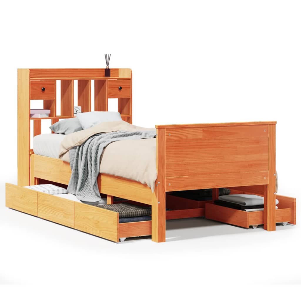 Lit bibliothèque sans matelas cire marron 100x200 cm pin massif - XIOS