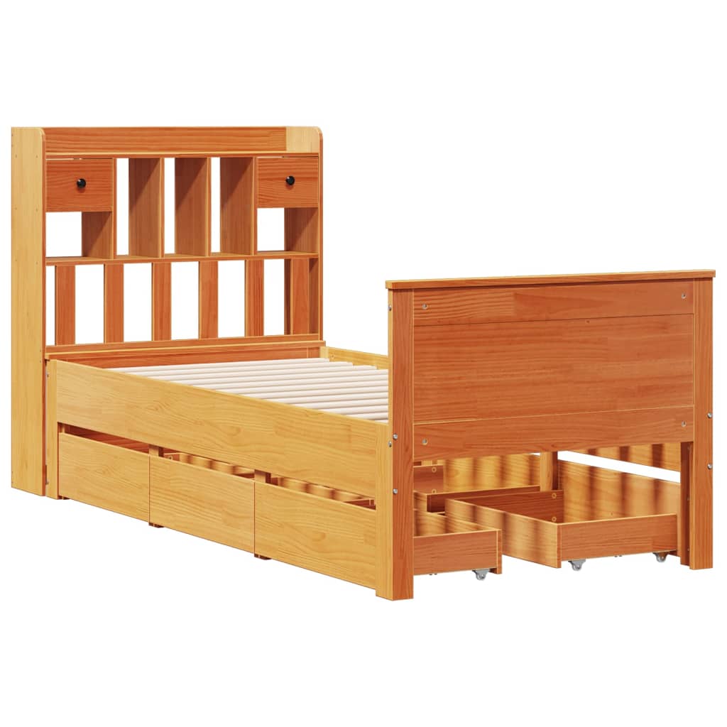 Lit bibliothèque sans matelas cire marron 100x200 cm pin massif - XIOS