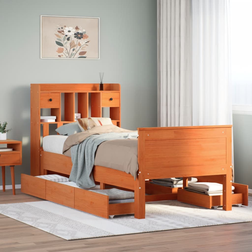 Lit bibliothèque sans matelas cire marron 100x200 cm pin massif - XIOS