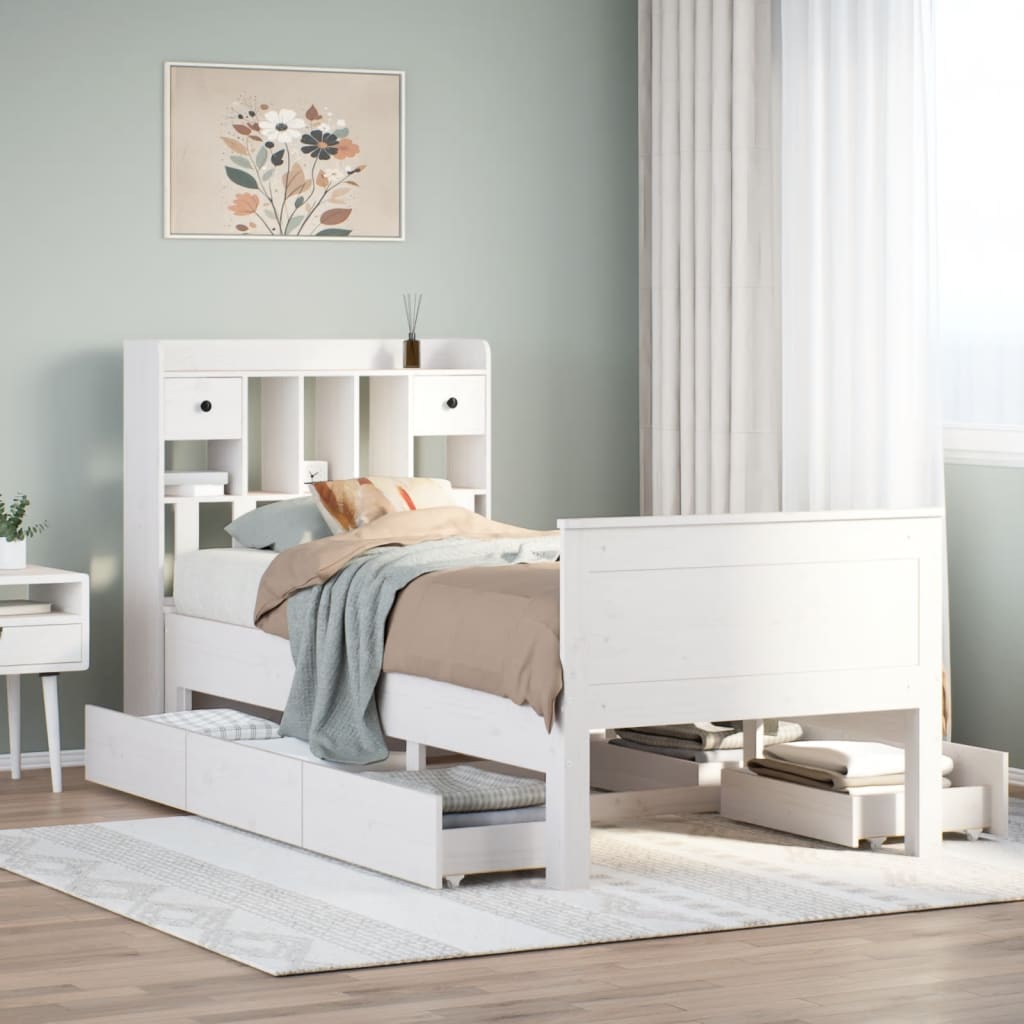 Lit bibliothèque sans matelas blanc 90x200cm bois de pin massif - XIOS
