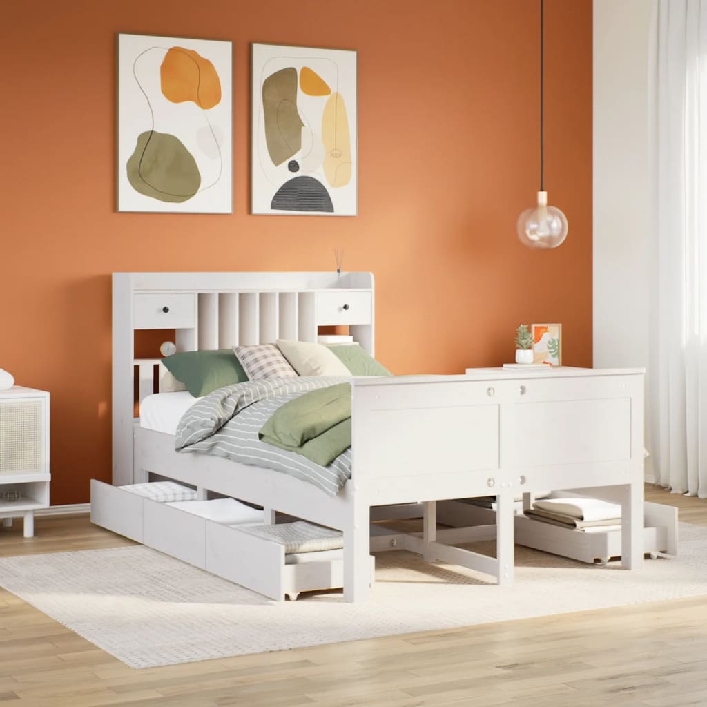 Lit bibliothèque sans matelas blanc 135x190 cm bois pin massif - XIOS