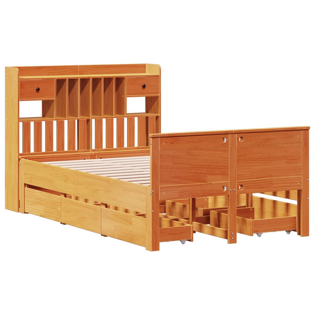 Lit bibliothèque sans matelas cire marron 135x190 cm pin massif - XIOS