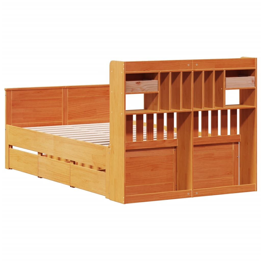 Lit bibliothèque sans matelas cire marron 135x190 cm pin massif - XIOS