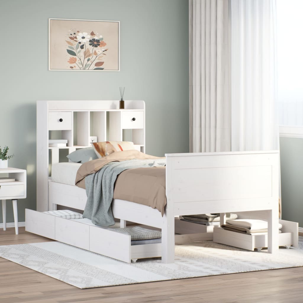 Lit bibliothèque sans matelas blanc 75x190cm bois de pin massif - XIOS