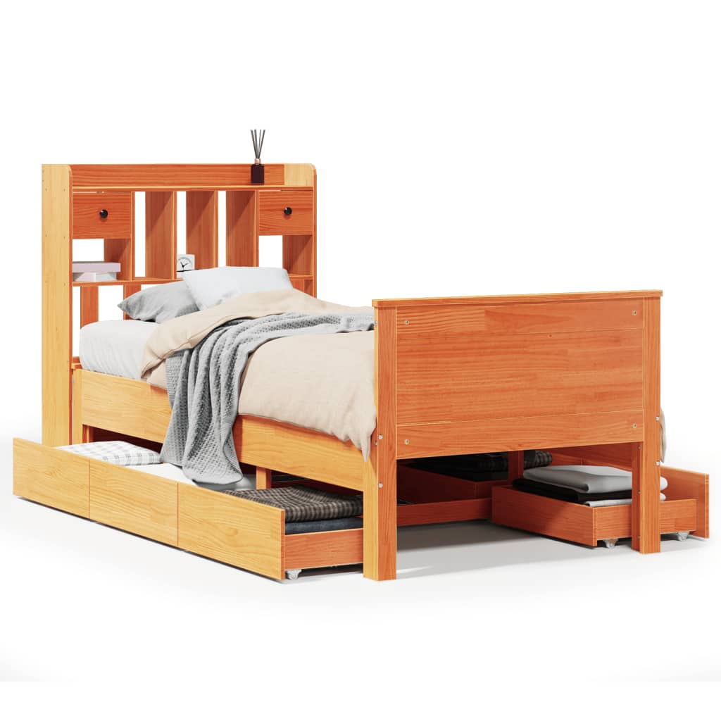 Lit bibliothèque sans matelas cire marron 75x190 cm pin massif - XIOS