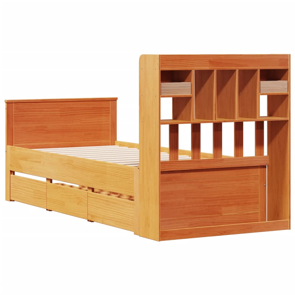 Lit bibliothèque sans matelas cire marron 75x190 cm pin massif