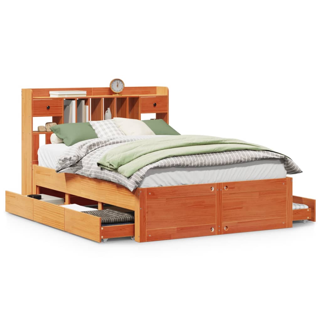 Lit bibliothèque sans matelas cire marron 150x200 cm pin massif - XIOS