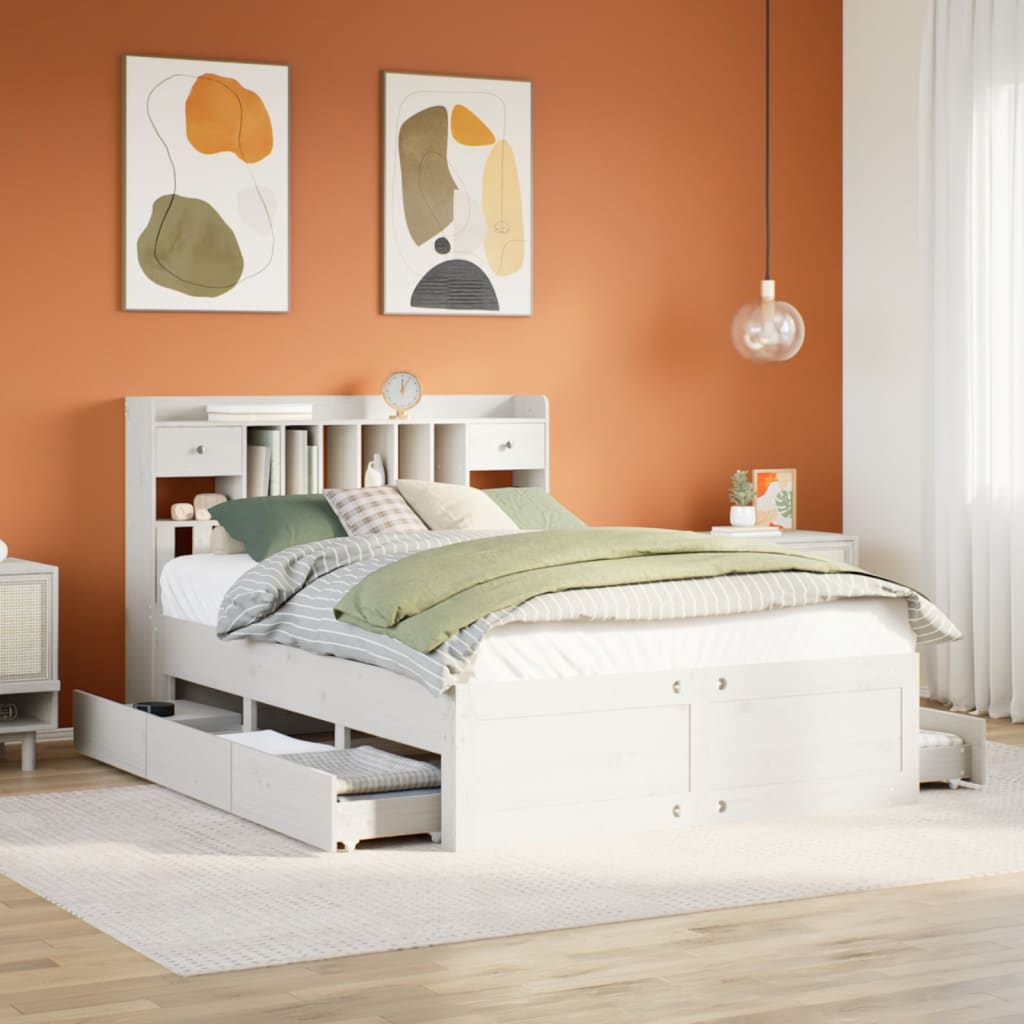 Lit bibliothèque sans matelas blanc 140x200 cm bois pin massif - XIOS