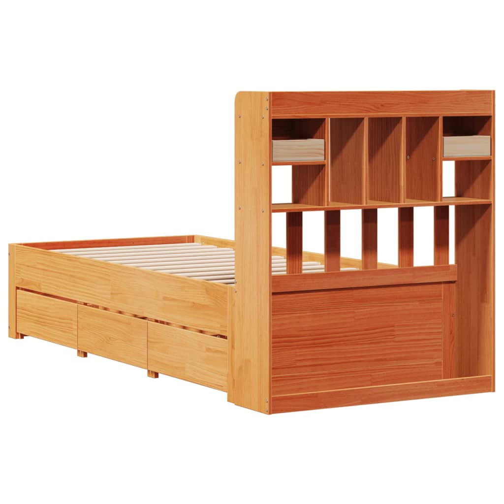 Lit bibliothèque sans matelas cire marron 100x200 cm pin massif - XIOS
