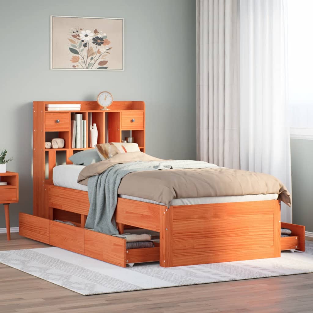 Lit bibliothèque sans matelas cire marron 100x200 cm pin massif - XIOS