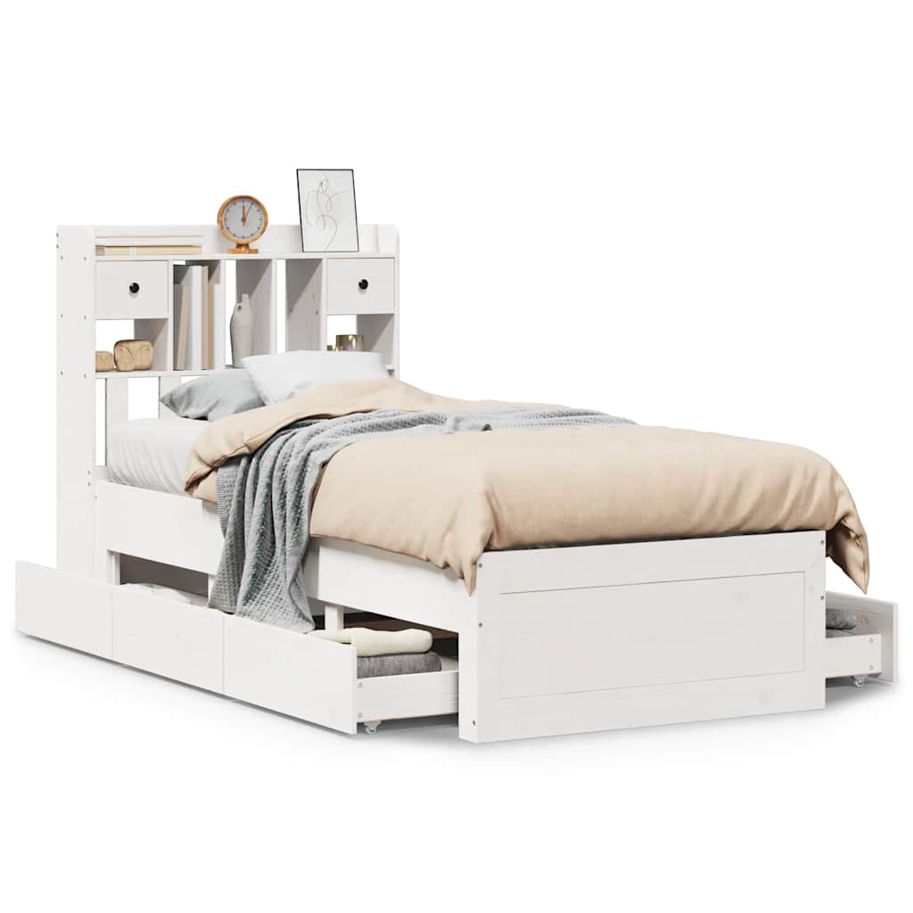 Lit bibliothèque sans matelas blanc 90x200cm bois de pin massif - XIOS