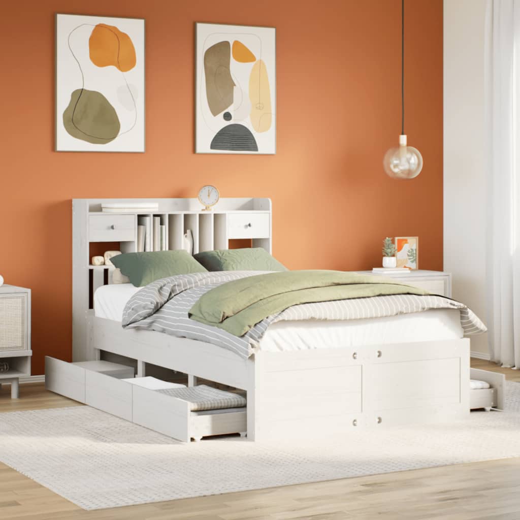 Lit bibliothèque sans matelas blanc 135x190 cm bois pin massif - XIOS