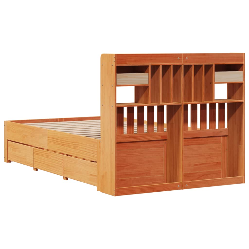 Lit bibliothèque sans matelas cire marron 135x190 cm pin massif - XIOS