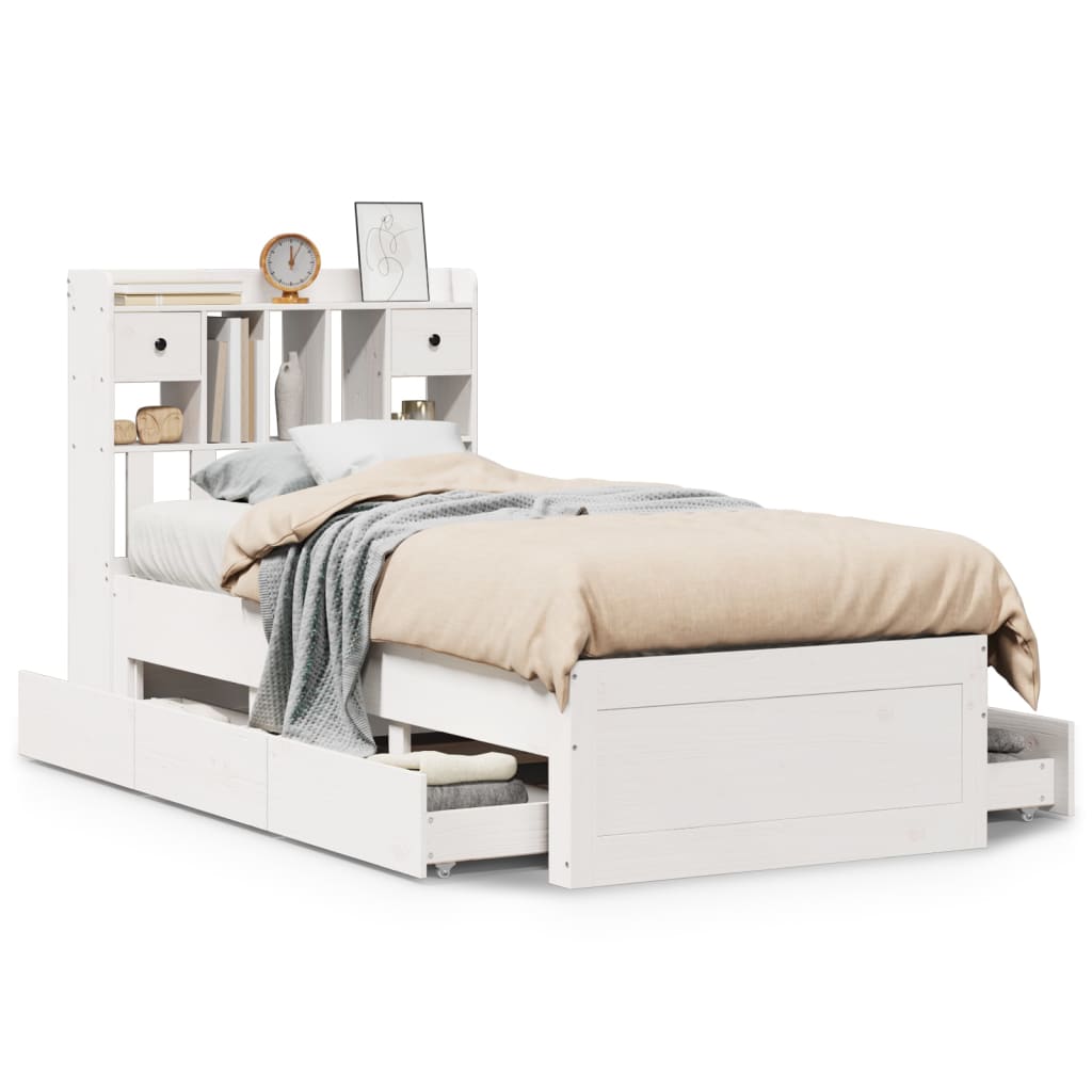 Lit bibliothèque sans matelas blanc 75x190cm bois de pin massif - XIOS