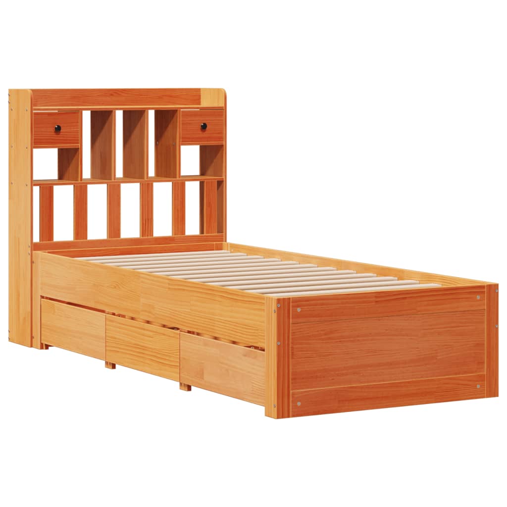Lit bibliothèque sans matelas cire marron 75x190 cm pin massif - XIOS