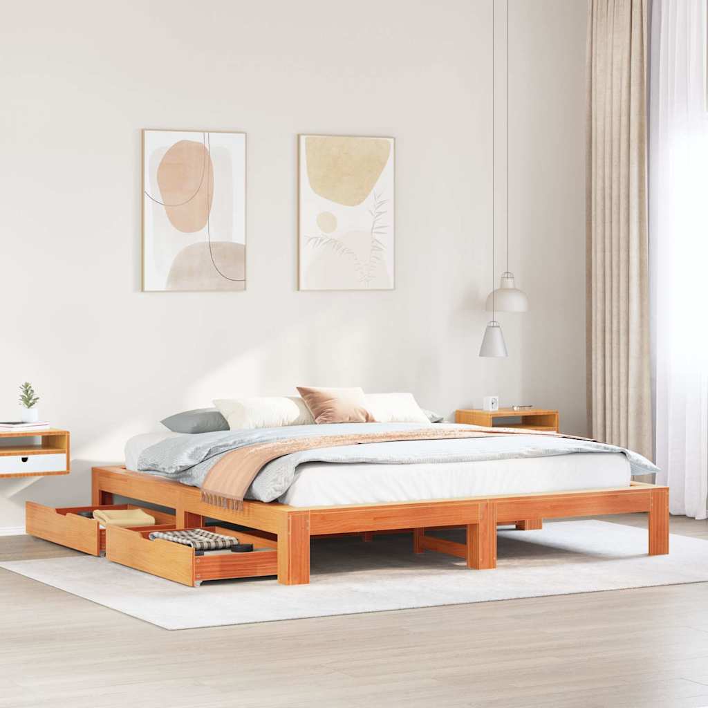 Cadre de lit sans matelas cire marron 200x200cm bois pin massif - XIOS