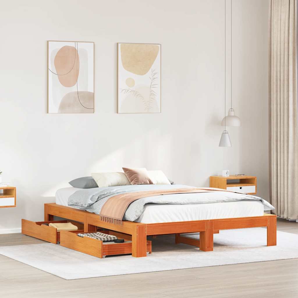 Cadre de lit sans matelas cire marron 140x190cm bois pin massif - XIOS