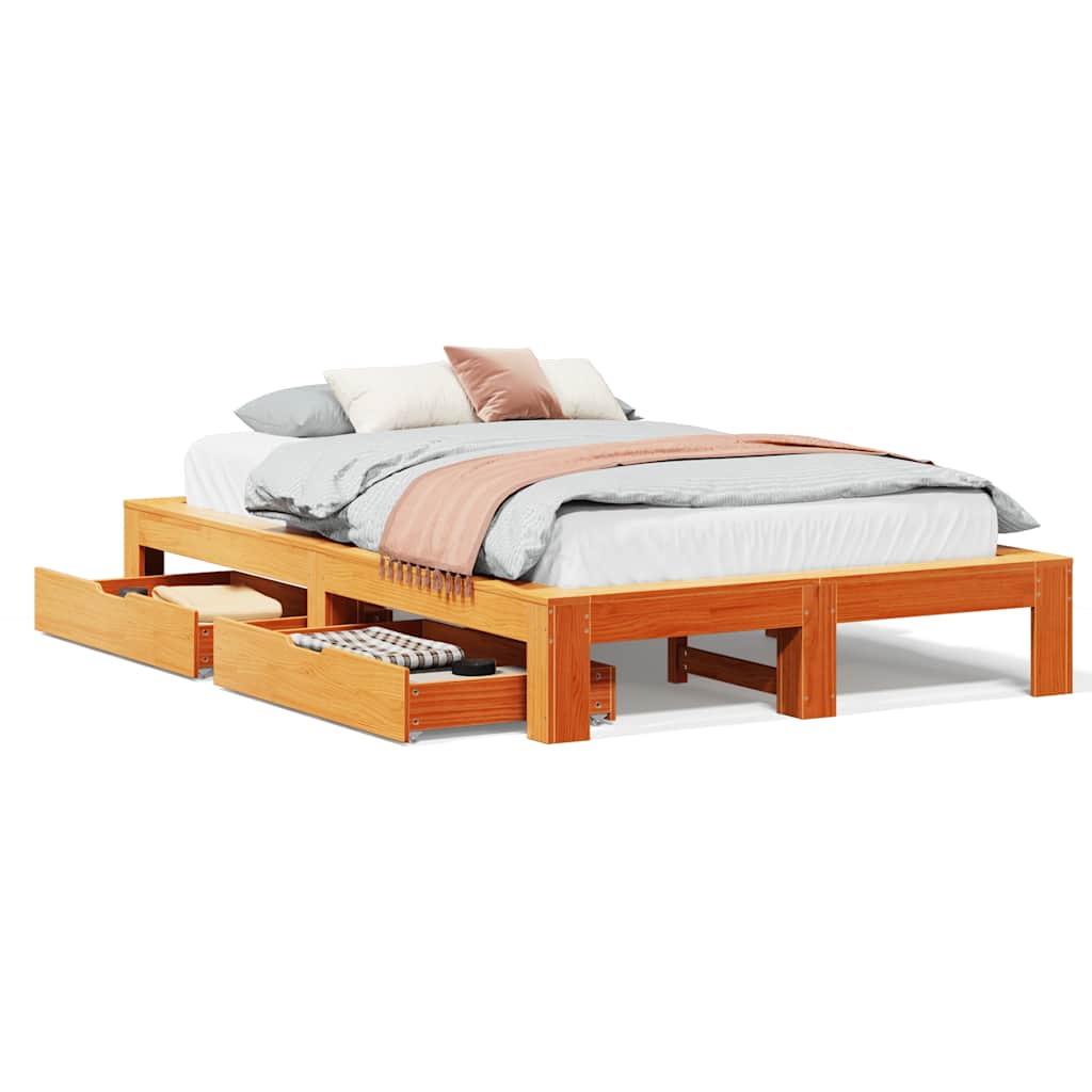 Cadre de lit sans matelas cire marron 135x190cm bois pin massif - XIOS