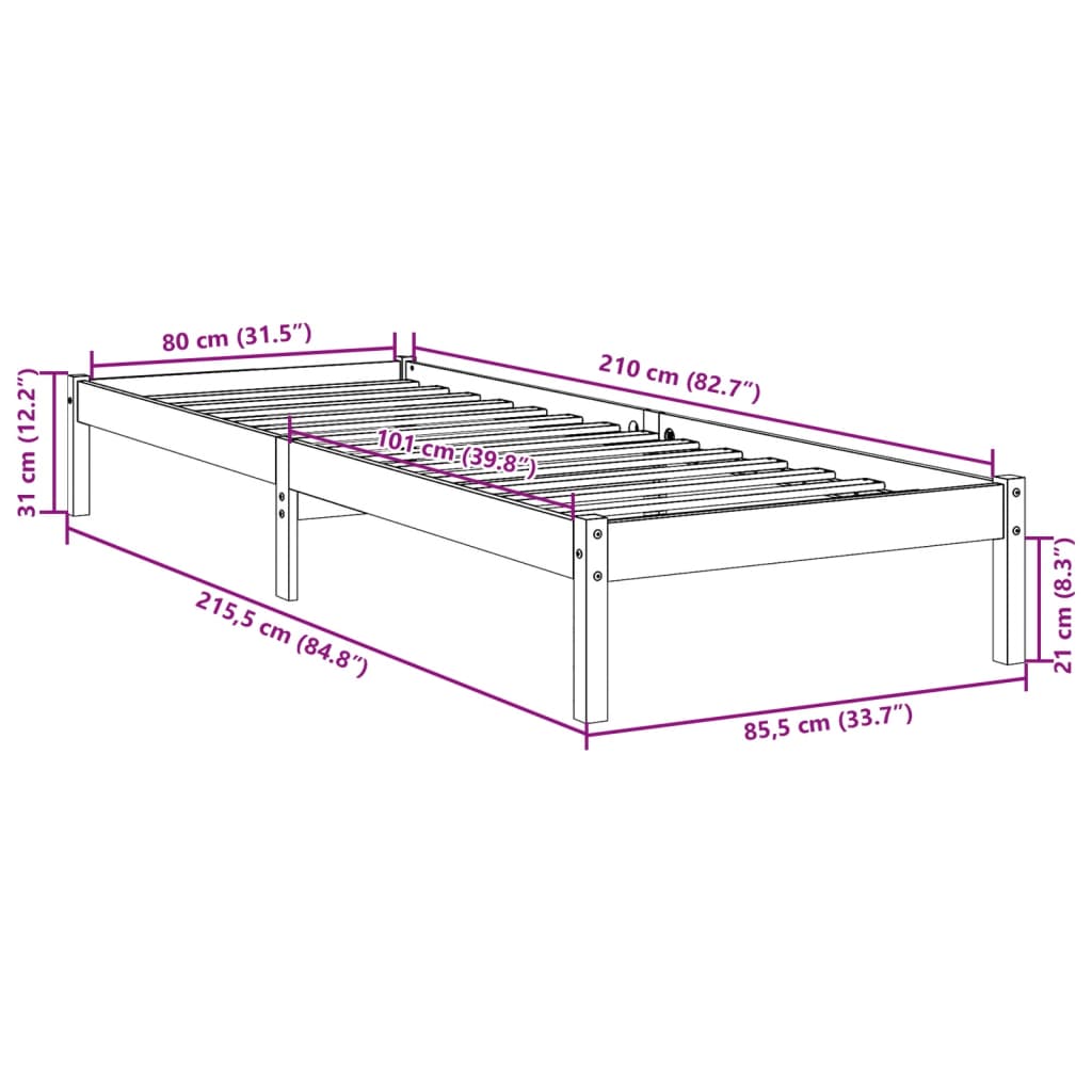 Cadre de lit extra long sans matelas 80x210 cm bois massif pin - XIOS