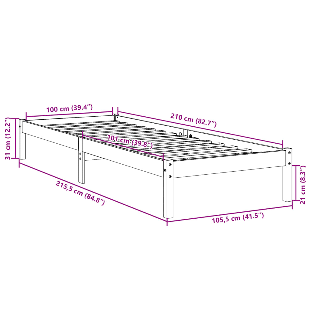 Cadre de lit extra long sans matelas 100x210 cm bois massif pin - XIOS
