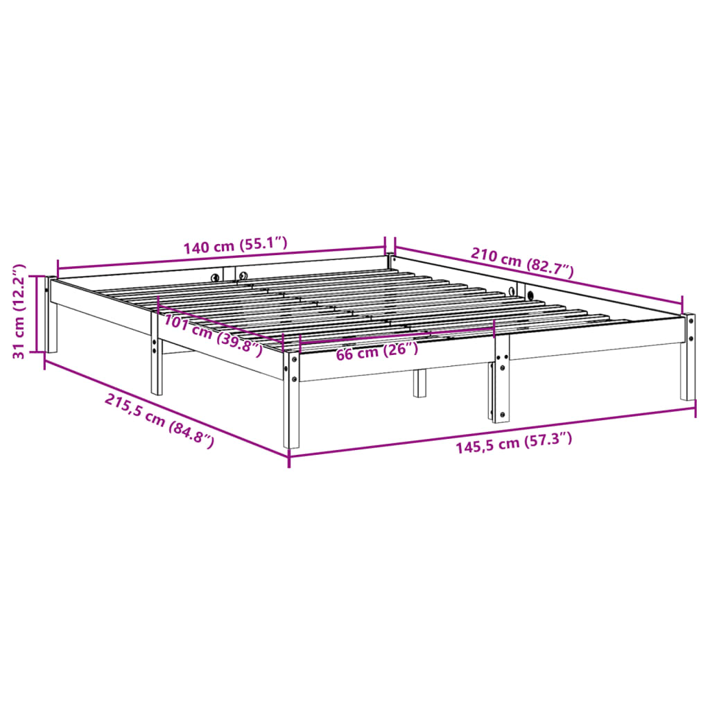 Cadre de lit extra long sans matelas 140x210 cm bois massif pin - XIOS