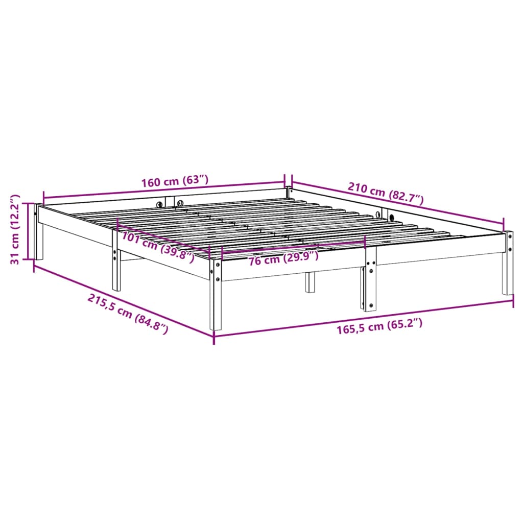 Cadre de lit extra long sans matelas 160x210 cm bois massif pin - XIOS
