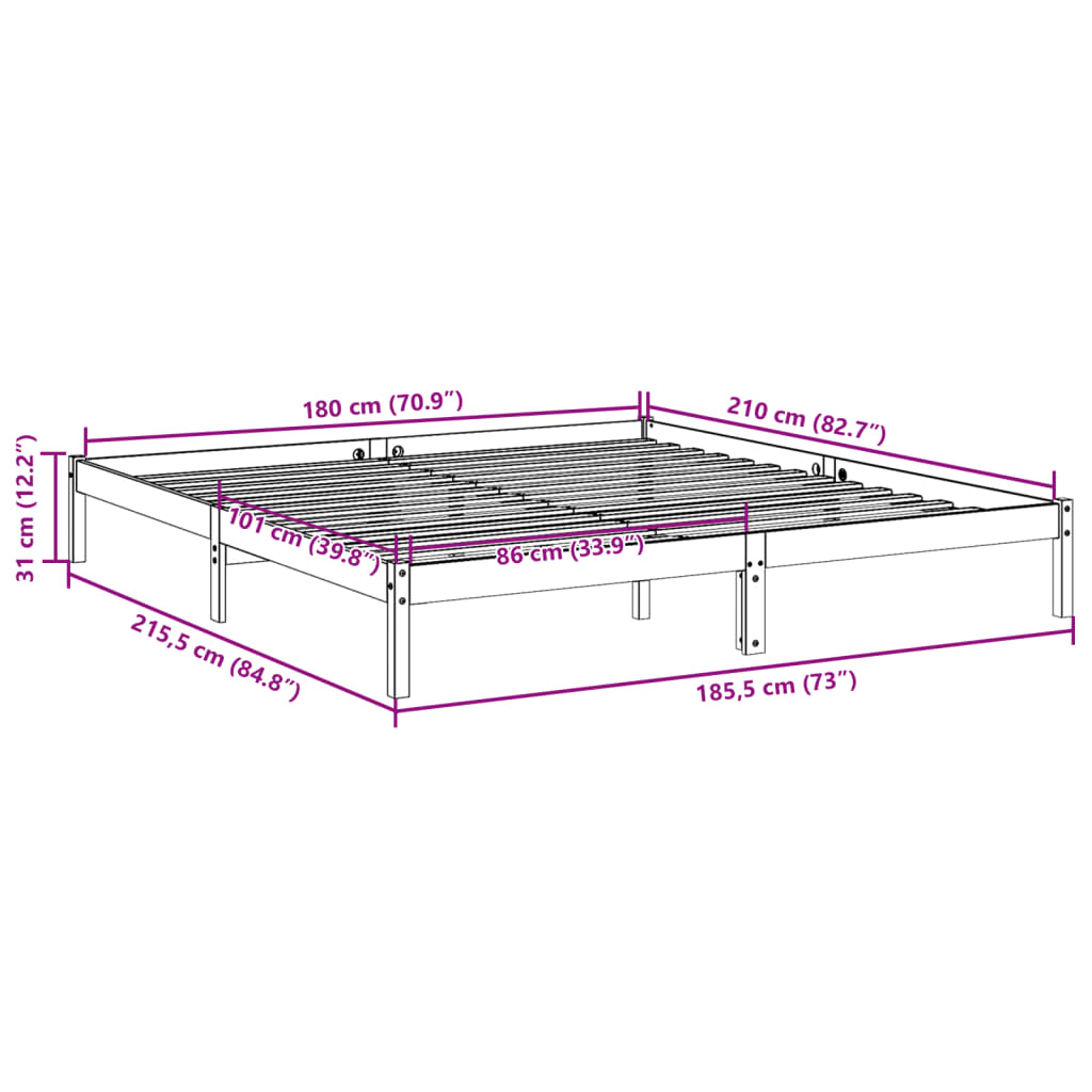 Cadre de lit extra long sans matelas 180x210 cm bois massif pin - XIOS