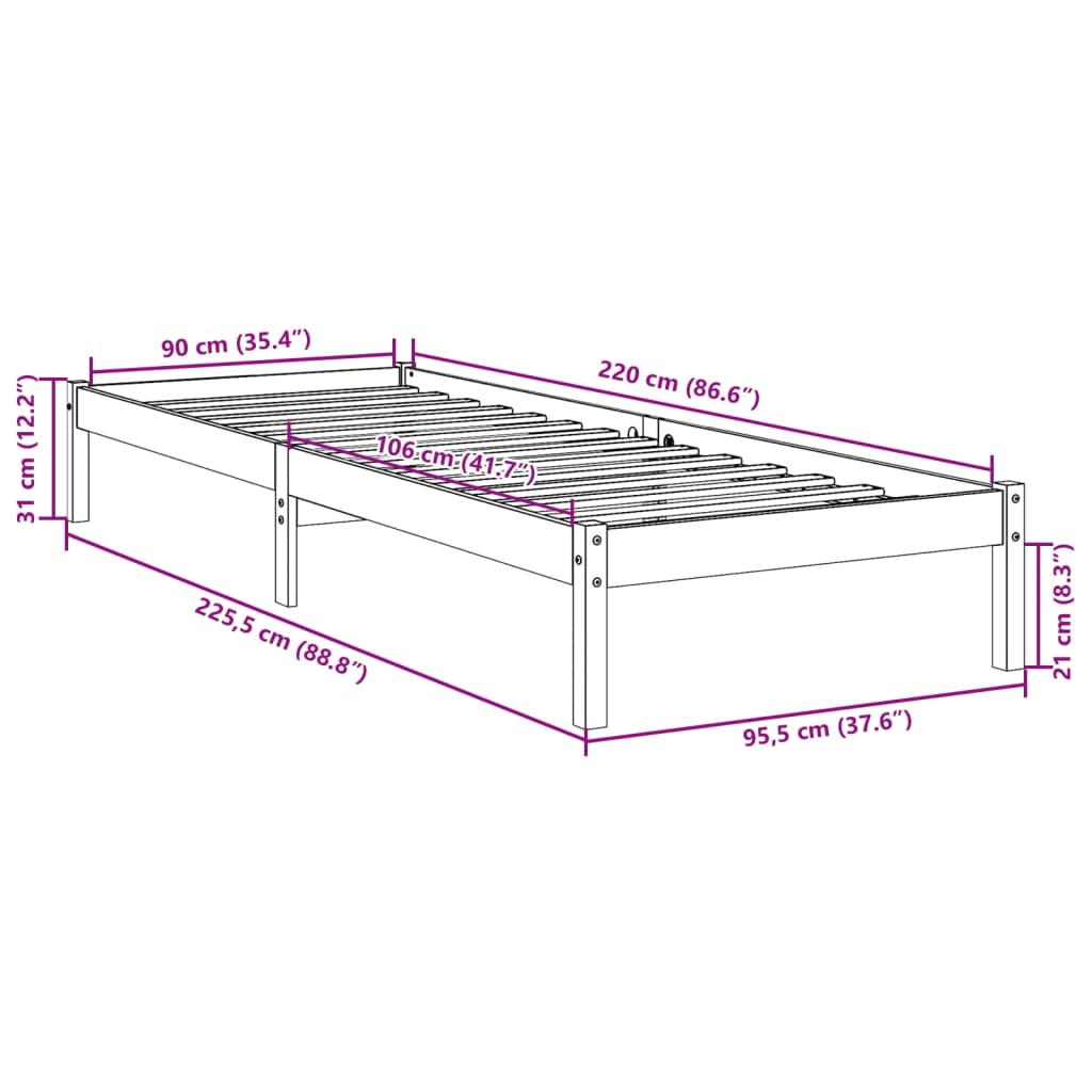 Cadre de lit extra long sans matelas 90x220 cm bois massif pin - XIOS
