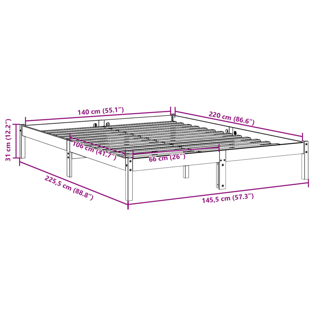 Cadre de lit extra long sans matelas 140x220 cm bois massif pin - XIOS