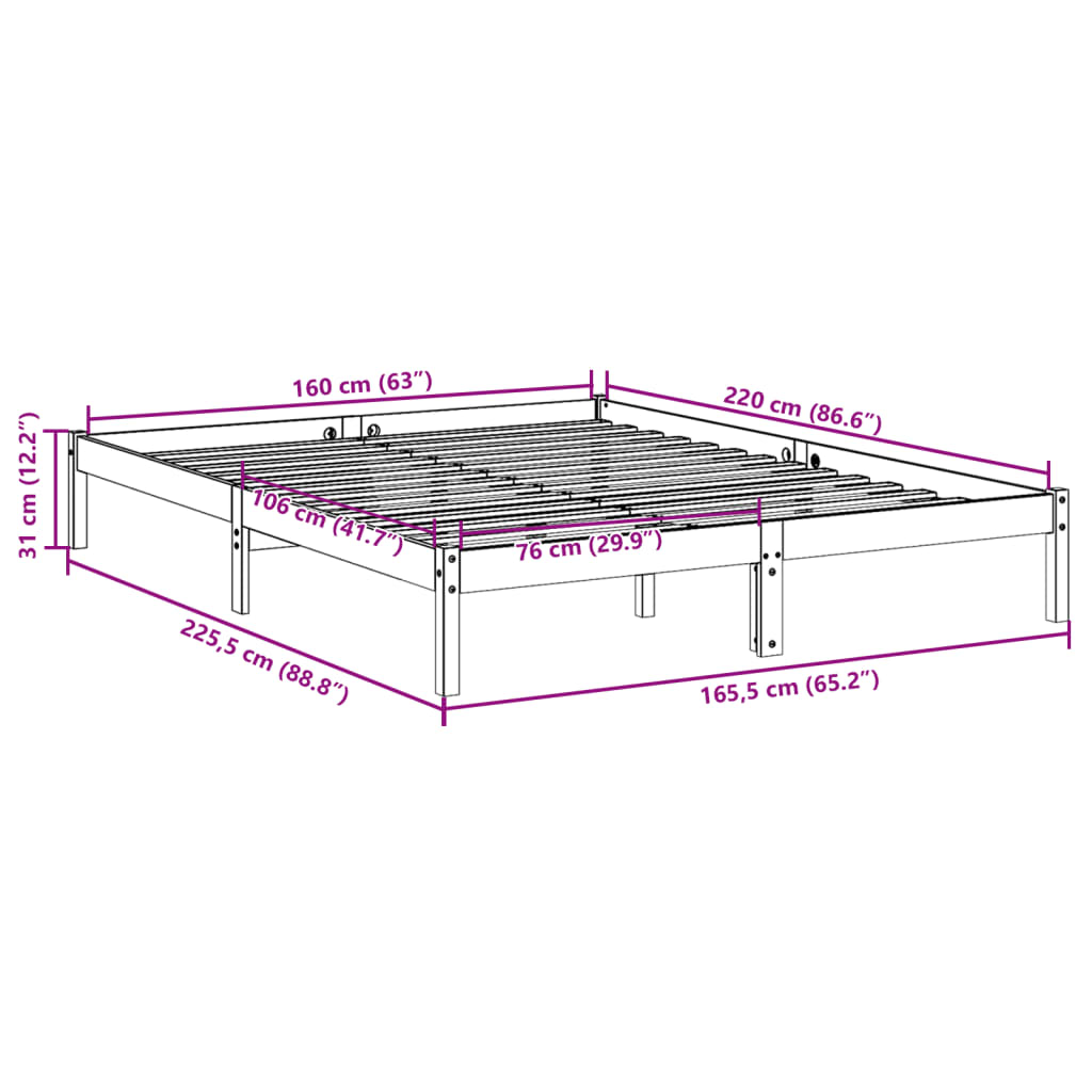 Cadre de lit extra long sans matelas 160x220 cm bois massif pin - XIOS