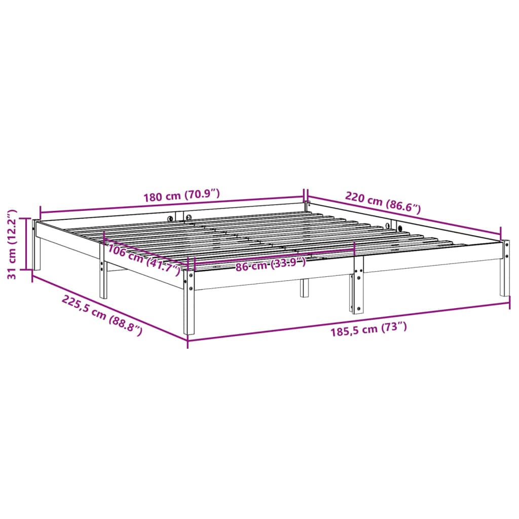 Cadre de lit extra long sans matelas 180x220 cm bois massif pin - XIOS
