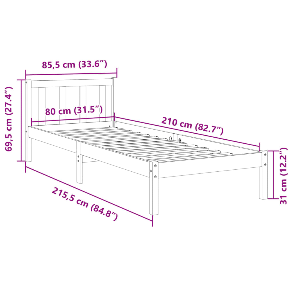 Cadre de lit extra long sans matelas 80x210 cm bois massif pin - XIOS