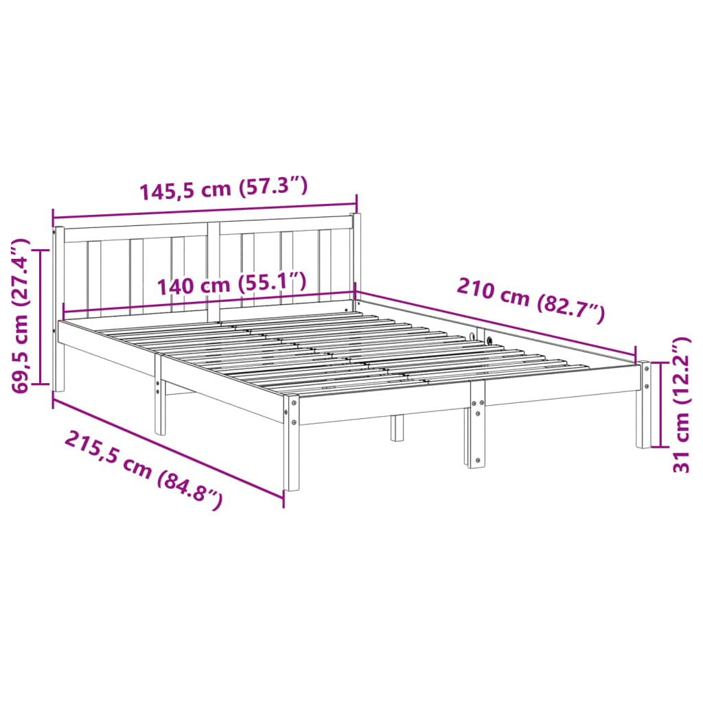 Cadre de lit extra long sans matelas 140x210 cm bois massif pin - XIOS