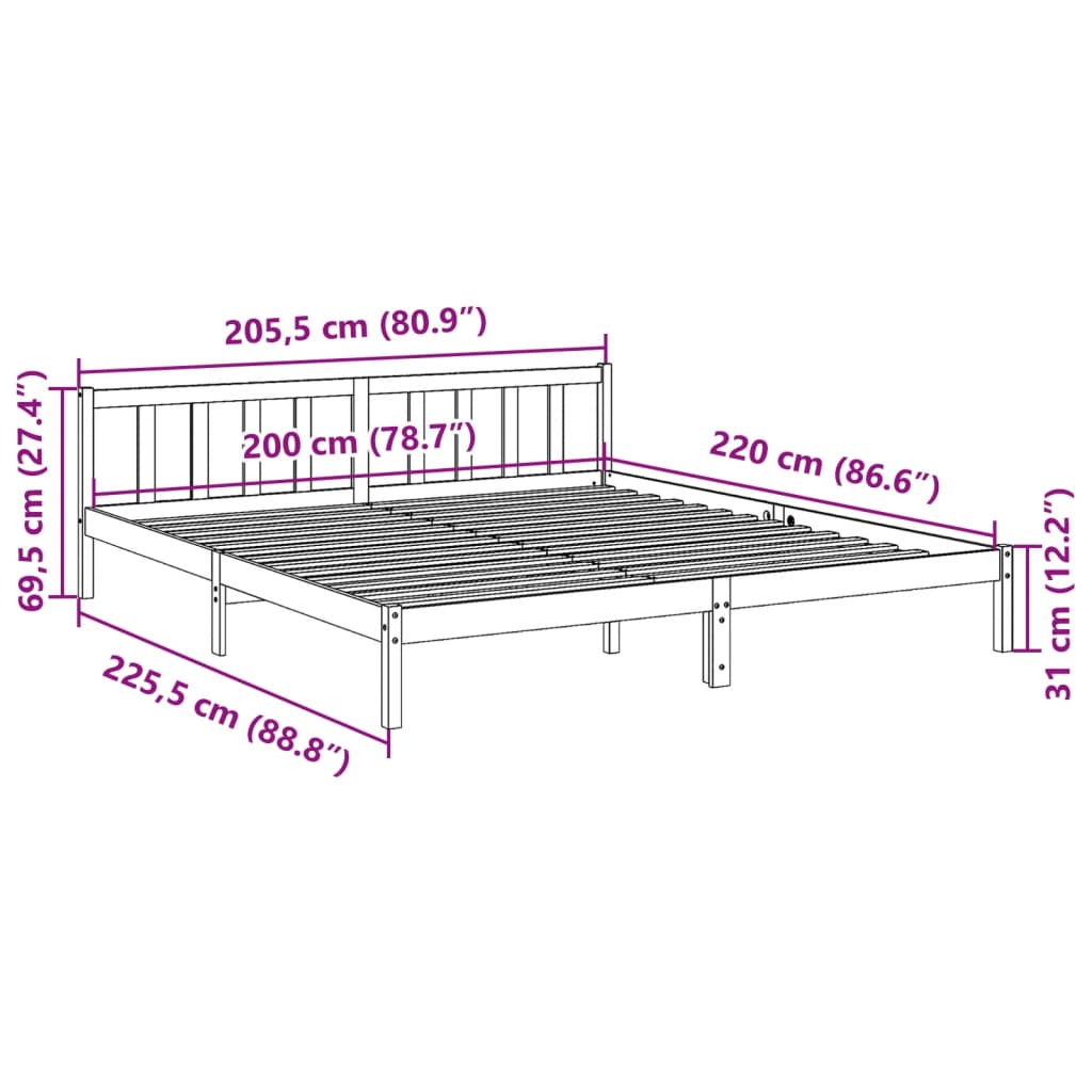 Cadre de lit extra long sans matelas 200x220 cm bois massif pin - XIOS