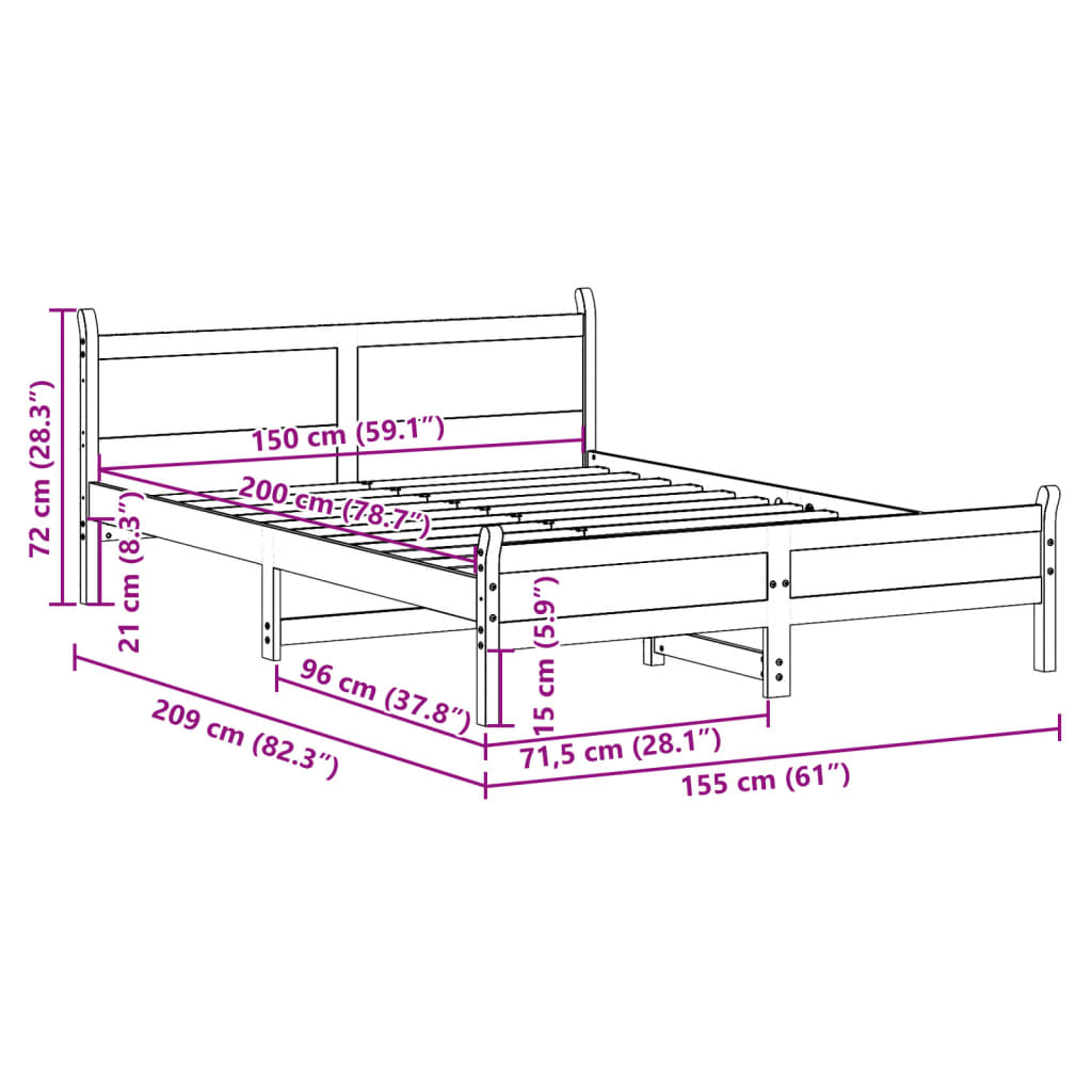Cadre de lit sans matelas 150x200 cm bois de pin massif - XIOS