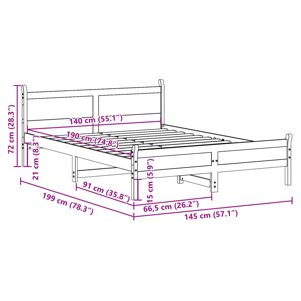 Cadre de lit sans matelas cire marron 140x190cm bois pin massif - XIOS